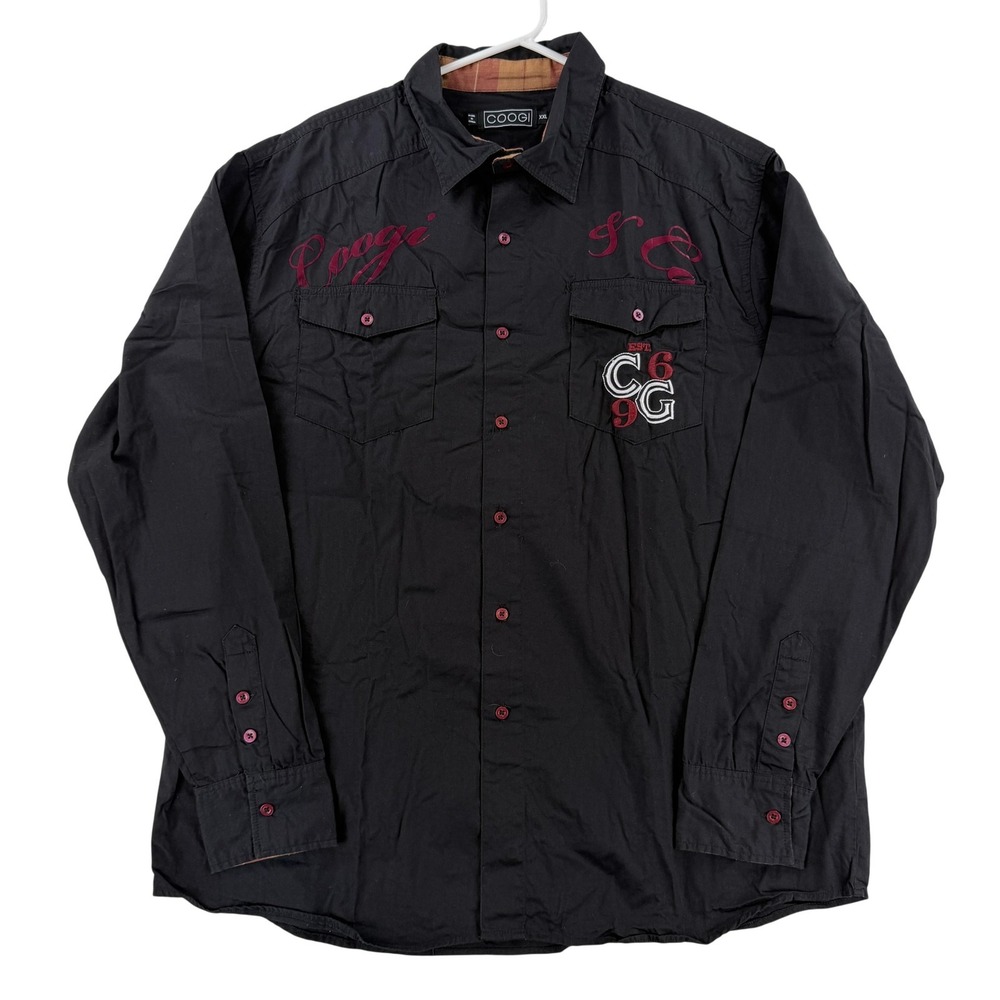 Vintage Coogi Shirt Mens 2XL Black Embroidered Graphic Long Sleeve Button Up Y2K